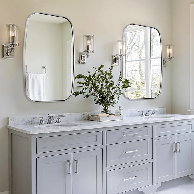 ANDY STAR Brushed Nickel Oval Bathroom Mirror for Over Sink, 24x36 Inch Bathroom Vanity Mirror with Unique Oblong Rounded Corner Tube Metal Frame-Modern Design with Anti-Rust Stainless Steel Frame