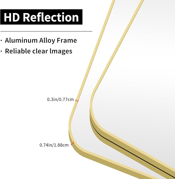 55x30 Inch Gold Bathroom Mirror, Metal Framed Gold Rectangle Mirrors, Rounded Rectangular Vanity Mirror, Large Wall Mounted Mirrors for Living Room Bedroom Entryway Hangs Horizontal or Vertical