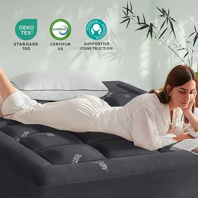 Anluoer Memory Foam Mattress Topper King for Back Pain, Rayon Derived from Bamboo Pillow Top Mattress Topper for Hot Sleepers,Cooling Mattress Pad with 8-21" Deep Pocket, 78x80 Inches, Dark Grey