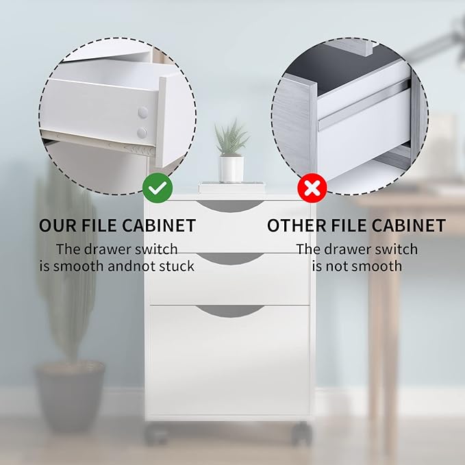 QDSSDECO 3 Drawer Mobile File Cabinet, Rolling Vertical Filing Cabinet fits A4, Legal Paper and Letter Paper for Home Office, White