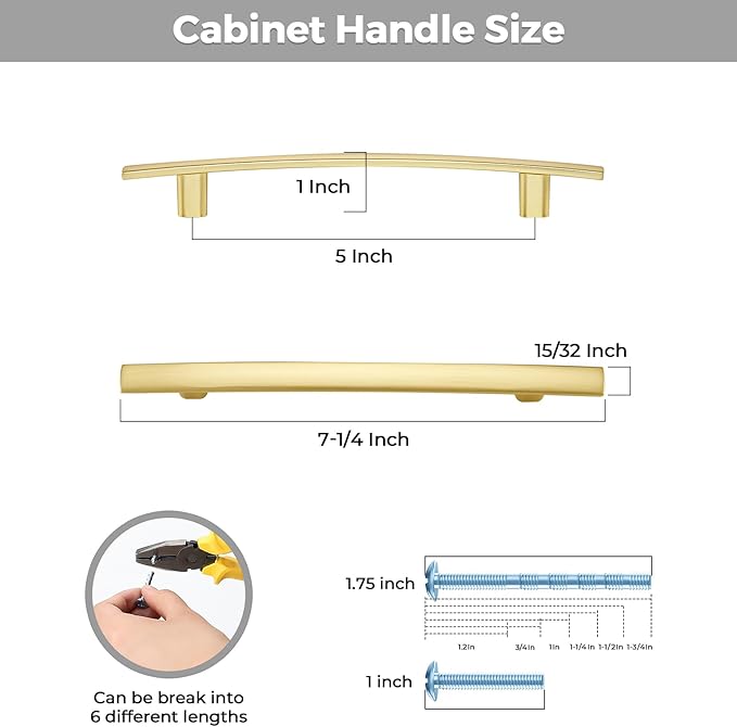 10 Pack Cabinet Handles 5" Hole Center - Curved Cabinet Pulls Brushed Brass Drawer Pulls for Kitchen Cupboard Solid Handles for Dresser Drawer Arch Closet Hardware