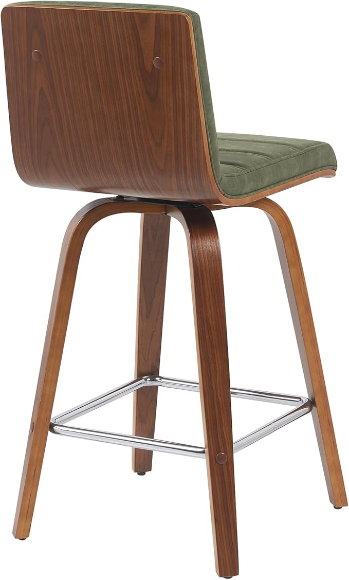 Armen Living Vienna Modern Swivel 26" Counter Height Barstool with Vintage Green Faux Leather and Walnut Wood Finish