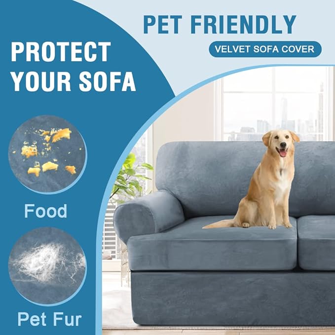H.VERSAILTEX Sofa Cover 3 Piece Sofa Slipcovers Thick Velvet Couch Cover Furniture Protector Stretch Sofa Covers for 2 Cushion Couch with 2 Individual T Cushion Covers Washable, Stone Blue