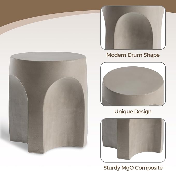 COSIEST Concrete Side Table Drum Shape,17''H Outdoor Side Table, Patio Accent Table Cement End Tables, Garden Decorative Stool, Plant Stand Drum Table, Grey