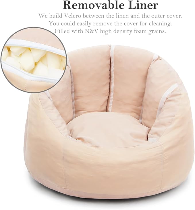 N&V Large Shell Bean Bag Chair, Adult Size Bean Bag Sack, Foam Filling, Includes Removable and Machine Washable Cover, 40in, Soft Faux Fur, Champagne