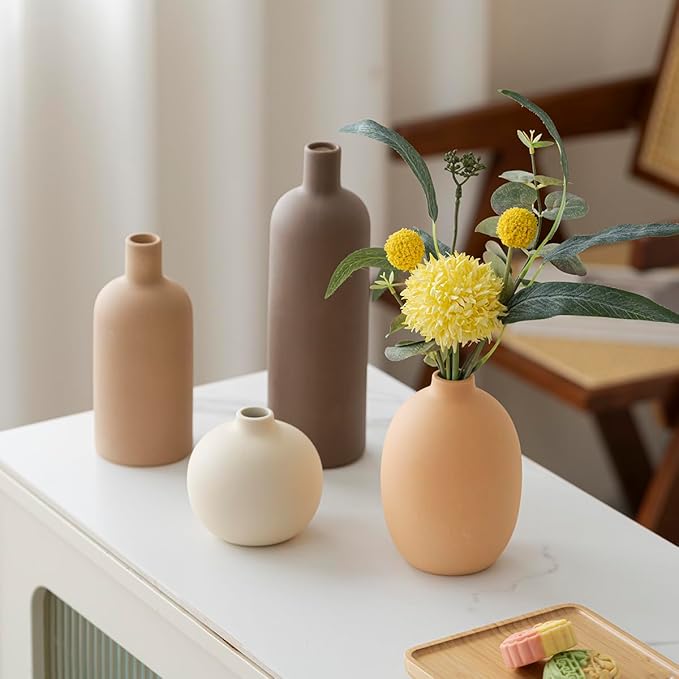 Modern Ceramic Vase Set, Neutral Colors, Decorative Vases for Home Shelf Decor, 4 Piece Collection (Coffee Mix Set 4)