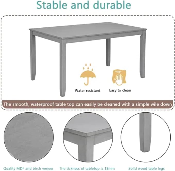 6-Piece Dining Table Set for 4-6 People, Kitchen Set with 4 Upholstered Chairs and One Bench, Living Room Chairs with Slatted Backrest, Rectangular Wooden Table for Home Bar and Kitchen, Gray