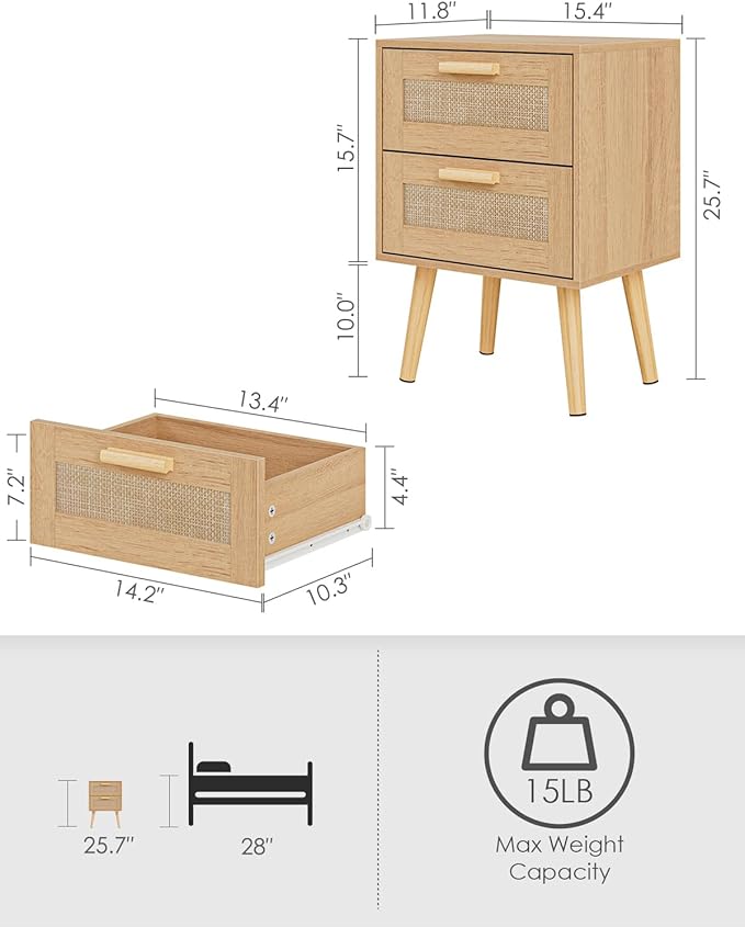 Masupu Rattan Night Stand,Modern nightstand Boho Bedside Table with 2 Drawer,Small End Side Table for Bedroom,Living Room,Office,Natural