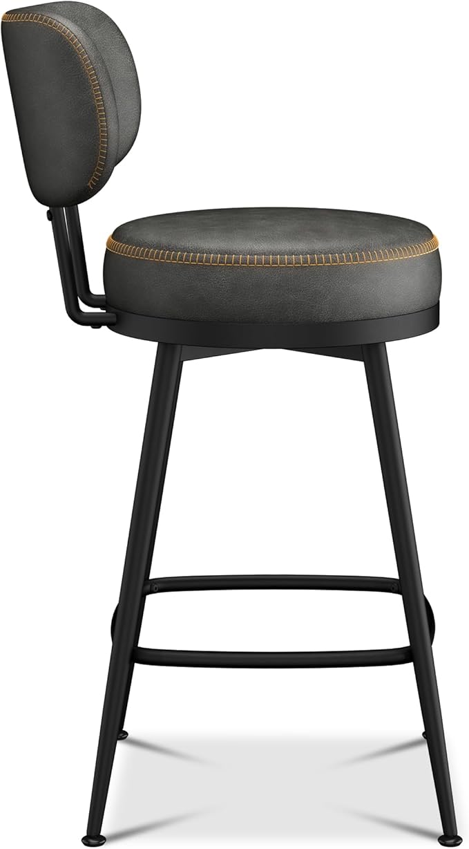 Counter Height Bar Stools, 26" H Swivel Barstools Set of 2, Faux Leather Kitchen Counter Stools with Back and Stylish Stitching, Metal Frame, Pub, Home Bar, Black Grey