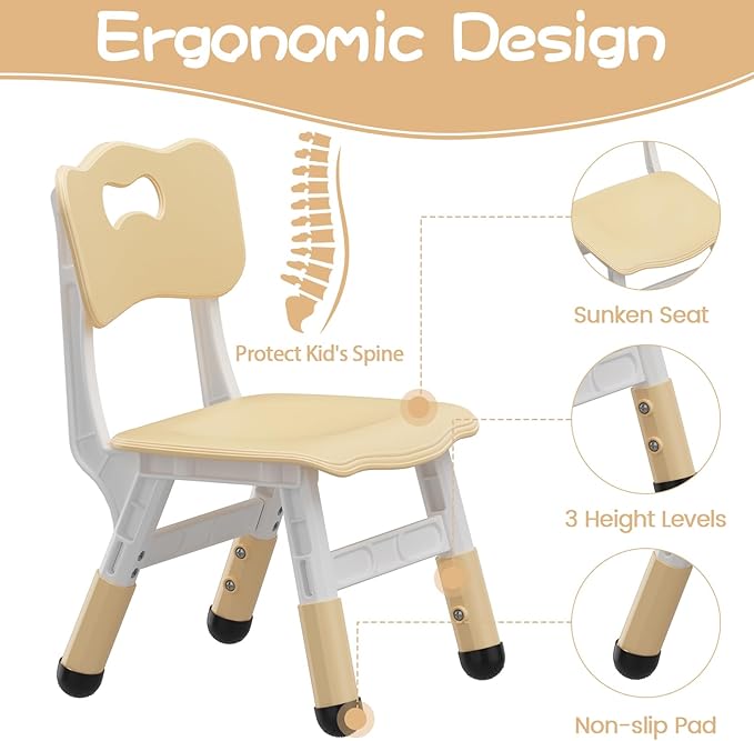 GarveeHome Kids Table and 6 Chairs Set, Height Adjustable Toddler Table and Chair Set, Graffiti Desktop, Children Study Play Dinner Table for Home Daycare Preschool for Ages 2-8, Beige