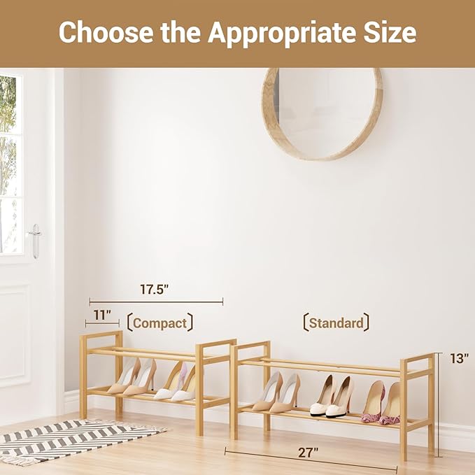 Haddockway Bamboo Shoe Rack for Closet, Free Standing Shoe Organizer with Smooth Round Rods & Convenient Handles, Stackable Shoe Storage Shelf for Entryway, Hallway(Natural, 2-Tier)