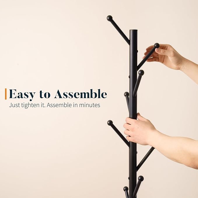 Yoobure Coat Rack Freestanding with Natural Marble Base - Coat Tree with 8 Hooks Heavy Duty Coat Hanger Stand, Metal Coat Rack Stand for Jacket, Hat, Clothes & Bag, Hall Tree Hat Rack for Entryway