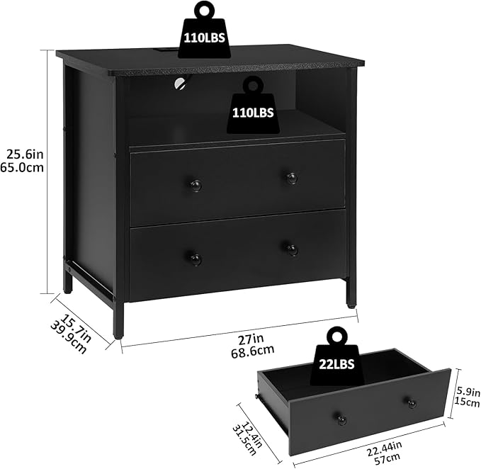 27 Inch Wide Night Stand, Large Wood Night Stand Set 2 with 2 Drawers, LED Nightstand with Charging Station and Adjustable Drawer, Bedside Table for Living Room/Bedroom/Study/Office, Black.