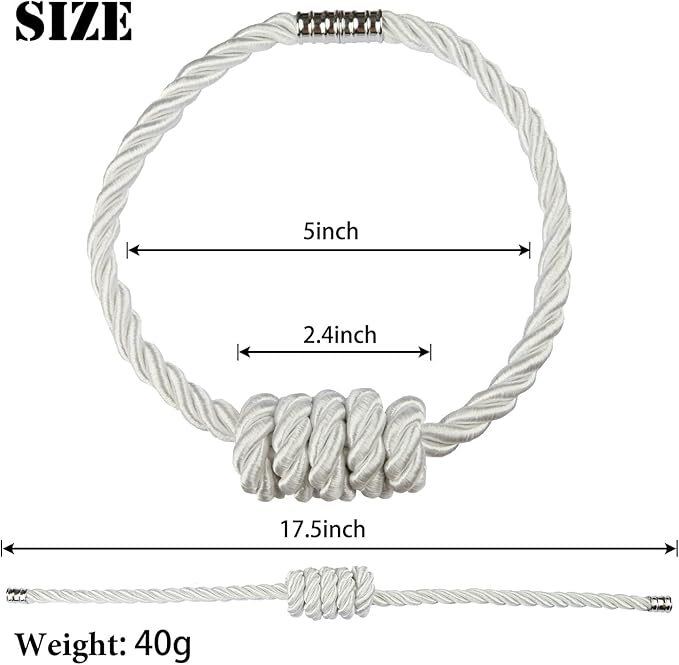 BEL AVENIR Magnetic Curtain Tiebacks, Decorative Drapery Holdbacks Modern Woven Tie-Backs with Exquisite Knot (White, 2 Pack)