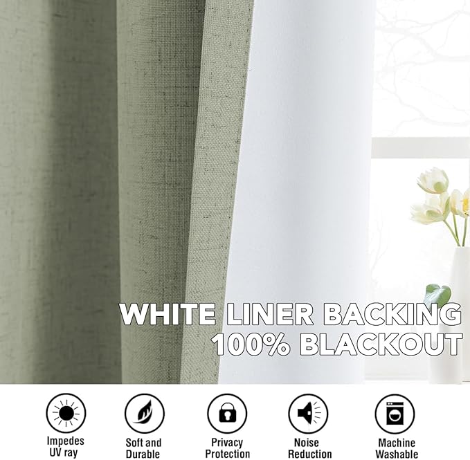 H.VERSAILTEX Linen Curtains 100% Blackout Curtains for Bedroom 84 inch Long Full Light Blocking Nature Linen Blended Window Curtains for Living Room Nickel Grommet (2 Panels, Heathered Tea)