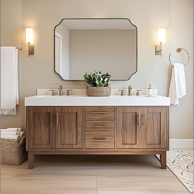 ANDY STAR Rectangle Mirror 30x40 Inch, Brushed Bronze Scalloped Mirror for Bathroom, Rust-Proof Stainless Steel 1" Frame, Antique Scalloped Edge Design Ideal for Home Decor