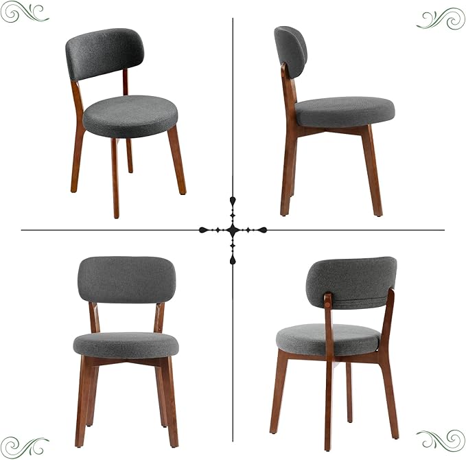 Furniliving Wooden Dining Chairs Set of 2, Mid-Century Modern Linen Upholstered Kitchen Chair with Solid Oak Wood, Farmhouse Dining Room Chairs, Grey