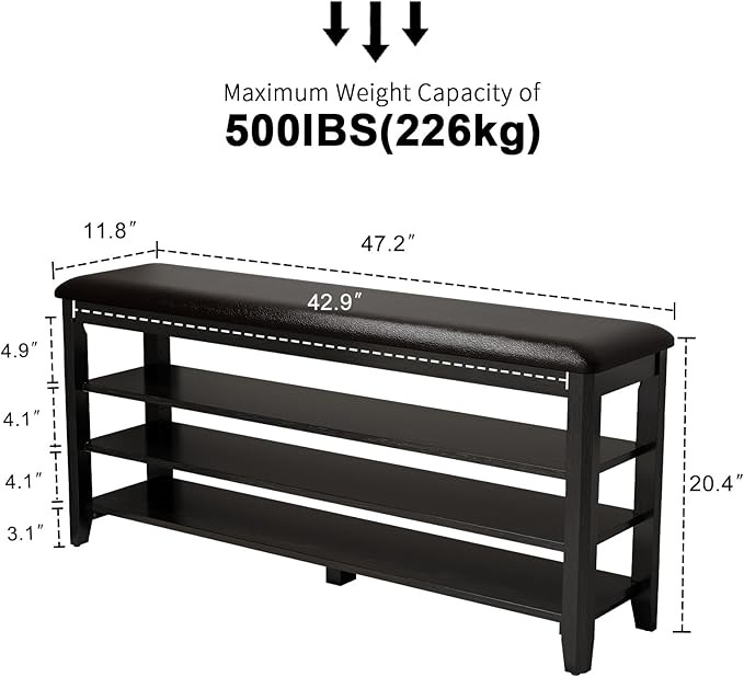 Shoe Bench with Leather Cushion, 3 Tiers Shoe Storage Bench Height Adjustable, Walnut Wood Entryway Bench for Hallway, Mudroom