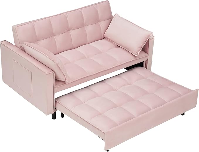 Ball & Cast Convertible Sofa Bed,Loveseat Sleeper Sofa W/Pull-Out Bed&2 Pillows,Convertible Pull Out Couch W/Adjustable Backrest&Side Pocket,Velvet Futon Couches for Living Room,Apartment,Pink,55"