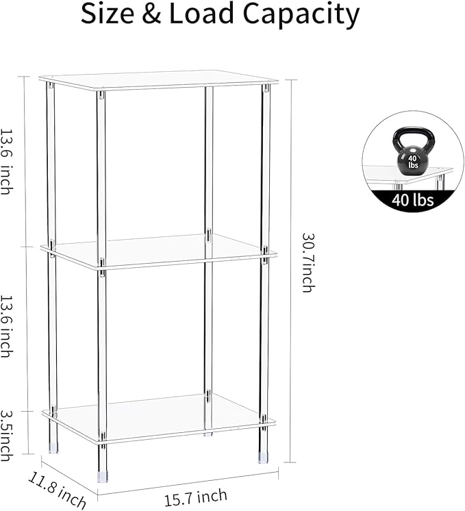 Clear Acrylic Side Table Set of 2, 15.7" L x 11.8" W x 30.7" H, 3-Tier End Table for Living Room, Small Modern Bedside Tables Nightstand for Bedroom, Home Decor Accent Table