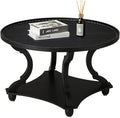 Wnutrees Farmhouse Round Coffee Table, Wood Tray Top Circle Coffee Table with Storage Shelf Rustic Style for Living Room and Vintage Finish, Black