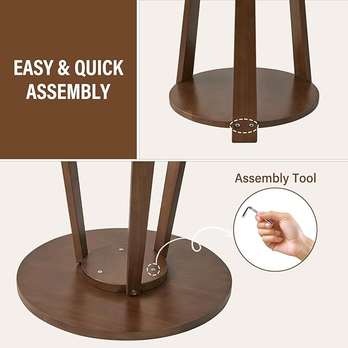 Uniclinens Round End Table, Solid Wood Round Side Coffee Table, Small Bedside Nightstand for Living Room Bedroom, Walnut