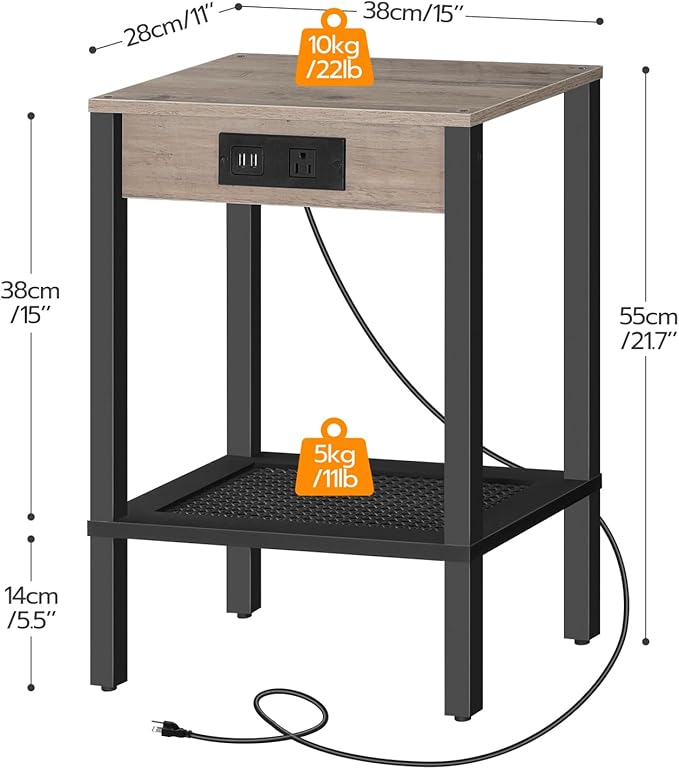 HOOBRO Side Table with Charging Station, Set of 2 End Tables with USB Ports and Outlet, Nightstand with 2-Tier Storage Shelf, for Living Room, Bedroom, Small Space, Greige and Black BG91UBZP201