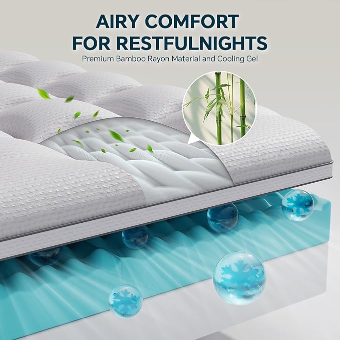 4 Inch Memory Foam Mattress Topper Queen Size - Dual Layer 3 Inch Cooling Gel Memory Pad and 1 Inch Pillow Top Mattress Cover for Back Pain - 60" x 80" x 4"
