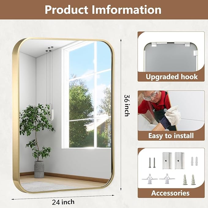 24x36 Inch Gold Bathroom Mirror, Brushed Gold Metal Framed Rectangular Mirror with Rounded Corner, Wall Mounted Vanity Mirror for Bedroom or Living Room, Horizontal/Vertical