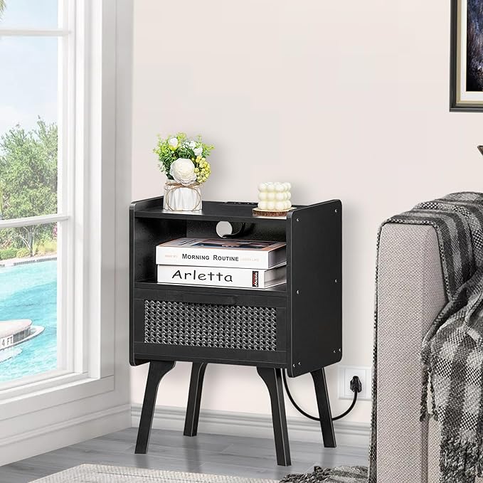 Lerliuo Rattan Nightstands Set of 2 with Charging Station, Boho Side Table with Drawer Open Shelf, Cane Accent Bedside End Table with Solid Wood Legs for Bedroom, Dorm and Small Spaces (Black)