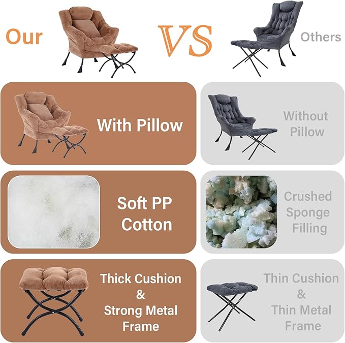 Lazy Chair with Ottoman, Comfy Reading Lounge Chair with Footstool & Throw Pillow Modern with Armrests & Side Pocket for Living Room, Bedroom, Dorm Room, Plush Brown