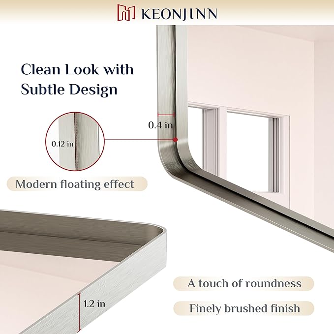 Keonjinn Brushed Nickel Mirror 24” x 36” Silver Bathroom Mirror for Over Sink, Rounded Rectangle Farmhouse Vanity Mirror with Metal Frame, HD Tempered Glass Decorative Wall Mirror(Horizontal/Vertical)