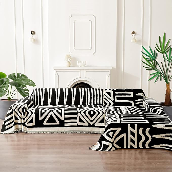 HANDONTIME Boho Sofa Covers for Dogs Black Couch Sofa Covers for 3 Cushion Couch Sofa Beige Chenille Sofa Slipcover Washable Sectional l Shaped Covers Pets Protector Furniture Covers, 91" X150"