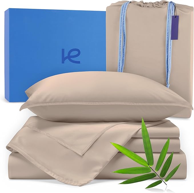 Kickoff Viscose Bamboo Sheets Full Size 4-pc 100% Organic Bamboo Viscose Bed Cooling Sheets Full Size Set Cool Bedding for hot Sleepers Sheet, Flat, Fitted, Pillowcases (Iced Latte, F)