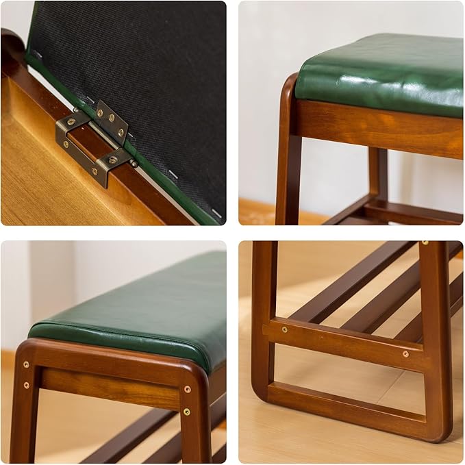 Shoe Rack Bench, Solid Wood Entryway Bench with Flip-Open Storage Box for Entry, Hallway (Green-39.4")