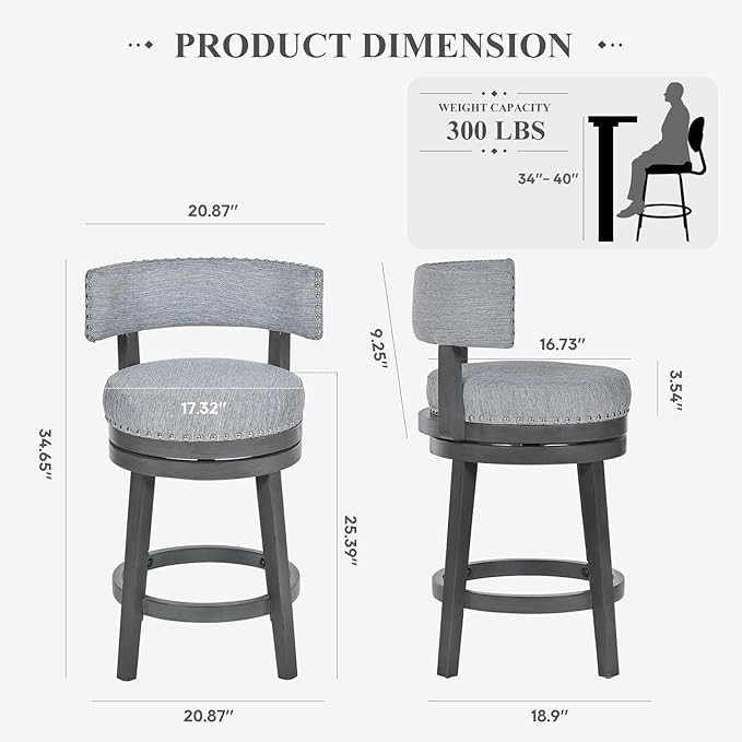 COLAMY Swivel Bar Stool Set of 2, Modern Swivel Barstool with Back, Counter Height Bar Stools, 25 Inch Upholstered Wood Barstool for Kitchen Island Dining Room Bar, Grey
