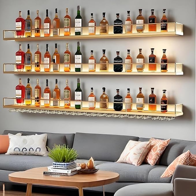 Wall-Mounted Metal Wine Rack with LED Lights 3-Tier Floating Bar Shelves with Wine Glass Rack Large Wine Bottle Display Rack Hanging Shelf, for Home Bar Dining Room Decorative (Black, 100cm/39.3in)