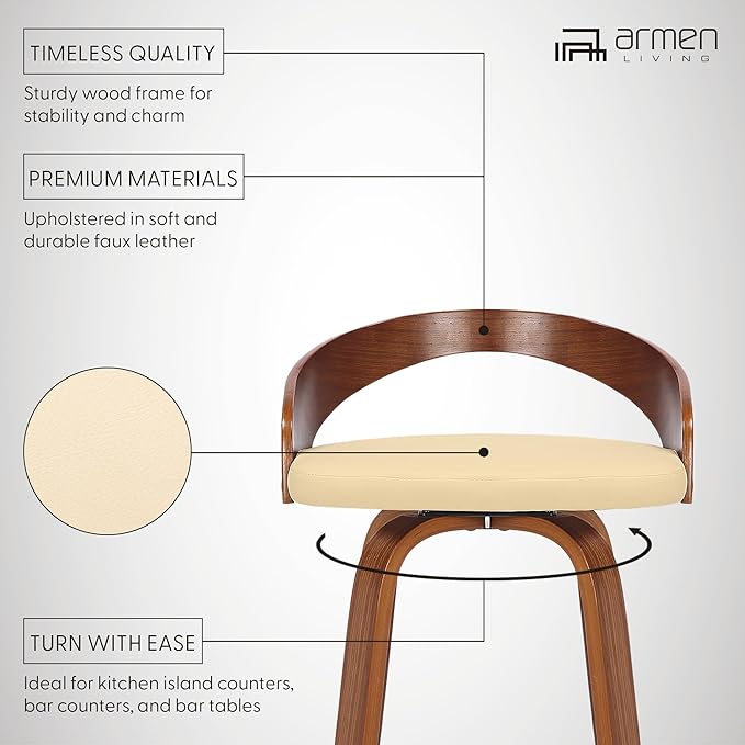 Armen Living Sonia 26" Counter Height Swivel Cream Faux Leather and Walnut Wood Bar Stool - Set of 3