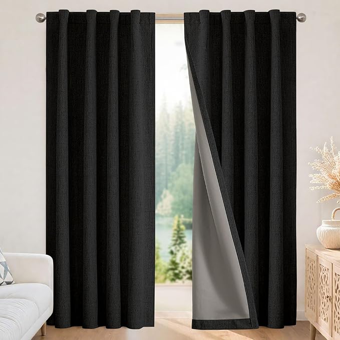 Joydeco 100% Blackout Curtains for Bedroom - Natural Linen Curtains 37" W x 72" L, Thermal Insulated 2 Panels Black Light Blocking Drapes, Rod Pocket & Back Tabs