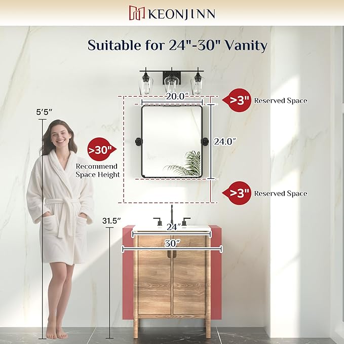 Keonjinn Brushed Nickel Pivot Mirror Bathroom, 20"x24" Tilt Mirror Bathrooms for Over Sink, Silver Rounded Corner Beveled Bathroom Mirror, Modern Metal Framed Vanity Mirrors (Horizontal/Vertical)