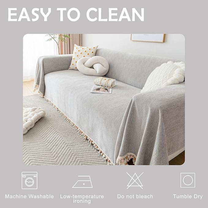 HANDONTIME Grey Sofa Cover for 3 Seat Couch - Dog Resistant, Light Grey, 91" X118", Tassel Chenille Herringbone