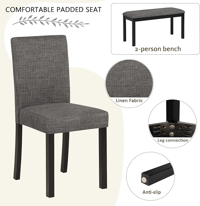 KEIKI 6-Piece Standard Height Dining Table Set with Rectangular Table, 4 Upholstered Curved Backrset Chair, Bench, for 6 Person, Modern Table Set, Easy Assembly, for Kitchen, Dining Room, Black+Gray