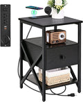 End Table with Wireless Charging Station, Black Side Tables Living Room with Outlet, End Table with Wood Drawer, Night Stand with Storage for Bedroom, Bedside Tables