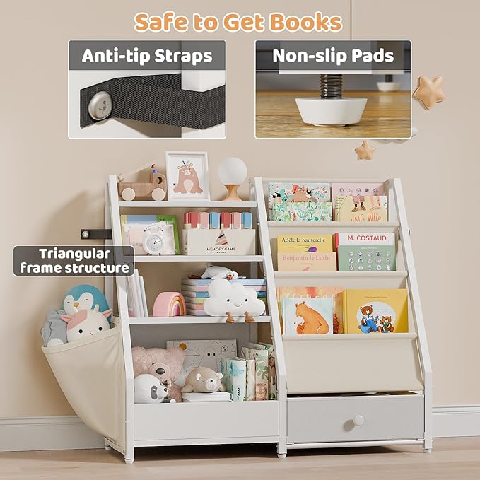 Kids Bookshelf and Toy Storage - Kids Book Shelf for Kids Rooms, Toddler Bookshelf Baby Bookcase for Nursery, Montessori Toy Organizer, White