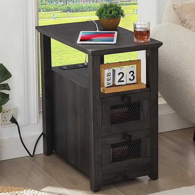 Farmhouse XXL End Table with Charging Station, Narrow Side Table with USB Ports and Outlets, Nightstand with 2 Drawers Storage, Grey Bedside Tables for Living Room, Bedroom