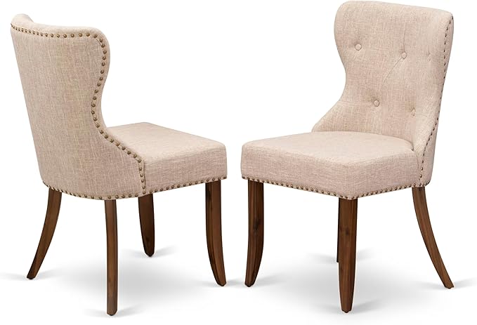 East West Furniture AMSI3-AWA-04 3 Piece Dining Set for Small Spaces Contains a Round Kitchen Table with Pedestal and 2 Light Tan Linen Fabric Parson Chairs, 36x36 Inch, Walnut
