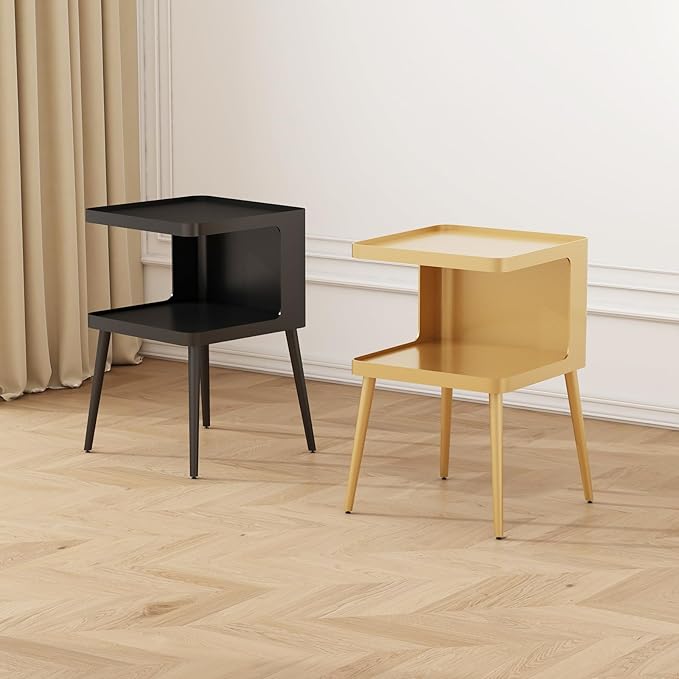 Black Modern Side Table, 2 Tier Small End Tables Bedroom, Metal Side Tables Living Room with 4 Legs, Black Nightstand Square Accent Table for Indoor Outdoor, Easy Assembly