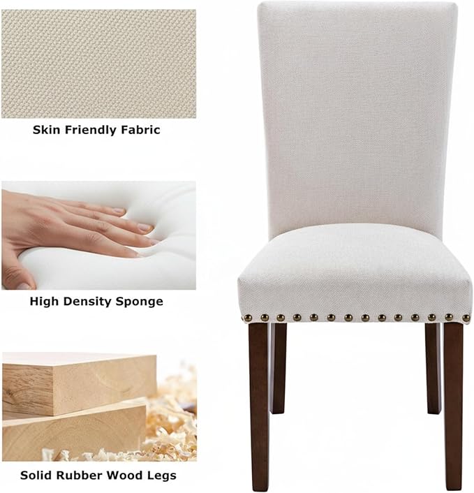 Set of 6 Beige Upholstered Dining Chairs – Farmhouse Kitchen Chairs with High Back, Solid Rubberwood Legs, Padded Foam Seat & Bronze Nailhead Trim, Comfortable Dining Room Chairs for Home