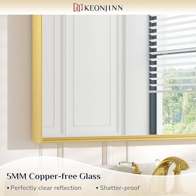Keonjinn Gold Bathroom Vanity Mirror 55" x 30" Rectangle Large Wall Mirror Metal Framed Brushed Gold Rectangular Modern Farmhouse Mirrors for Over Sink(Horizontal/Vertical)