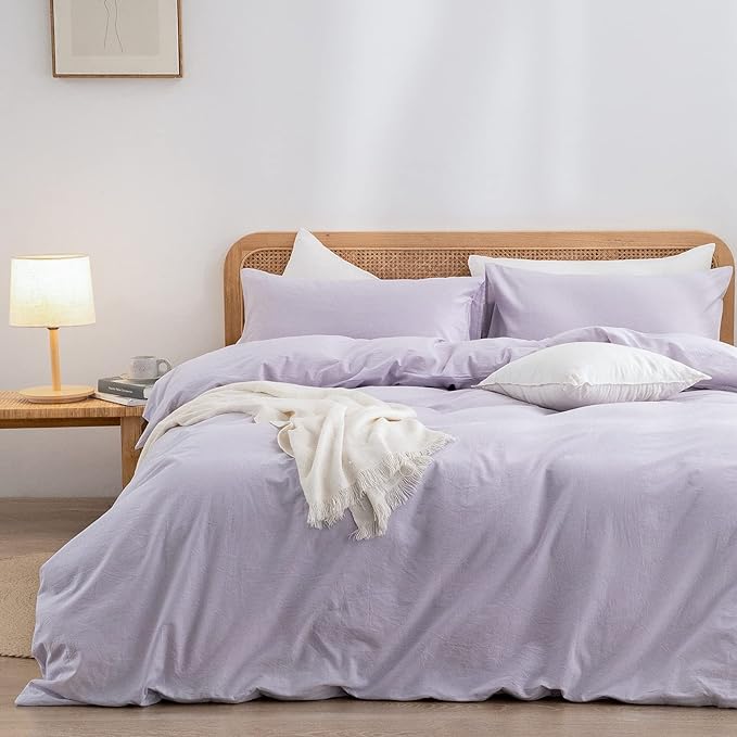 BESTOUCH Duvet Cover Set 100% Washed Cotton Linen Feel Super Soft Comfortable Chic Lightweight 3 PCs Home Bedding Set Solid Taro Purple Oversized Queen